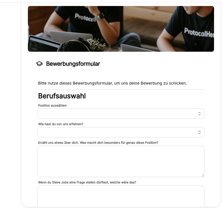Bewerbungsformular auf protocolhero.com/jobs