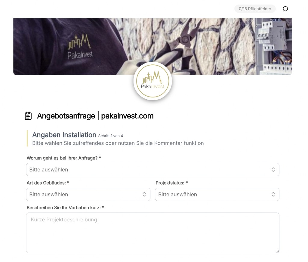 Angebotsanfrage-Formular auf pakainvest.com